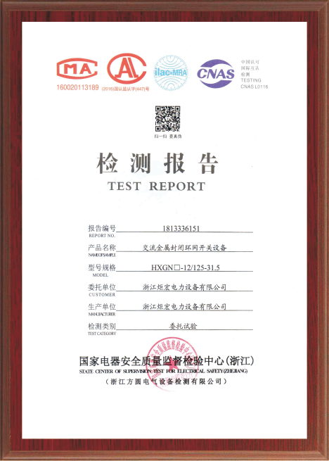 交流金屬封閉環(huán)網(wǎng)開關設備 HXGND-12/125-31.5檢測報告 TEST REPORT